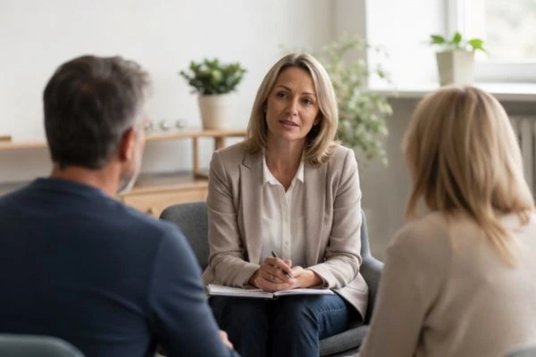 Couple discussing financial arrangement , pensions in divorce St Austell